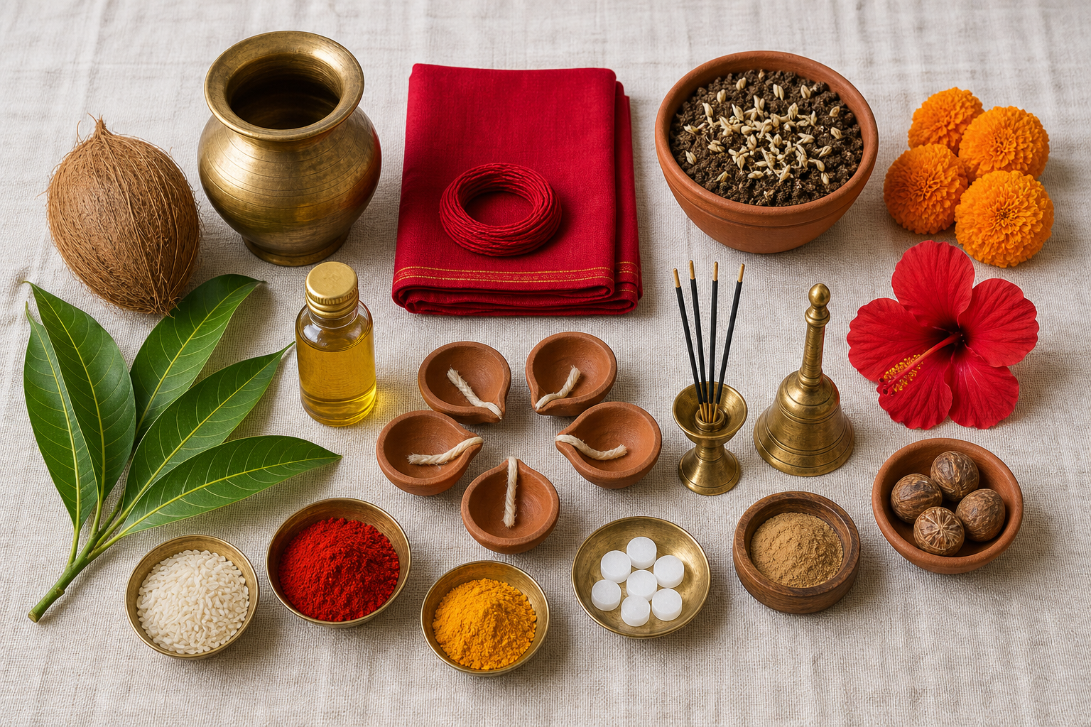 Navratri puja supplies are arranged on cloth, including a kalasha, coconut, mango leaves, sacred thread, barley, lamps, flowers, incense and ritual powders.