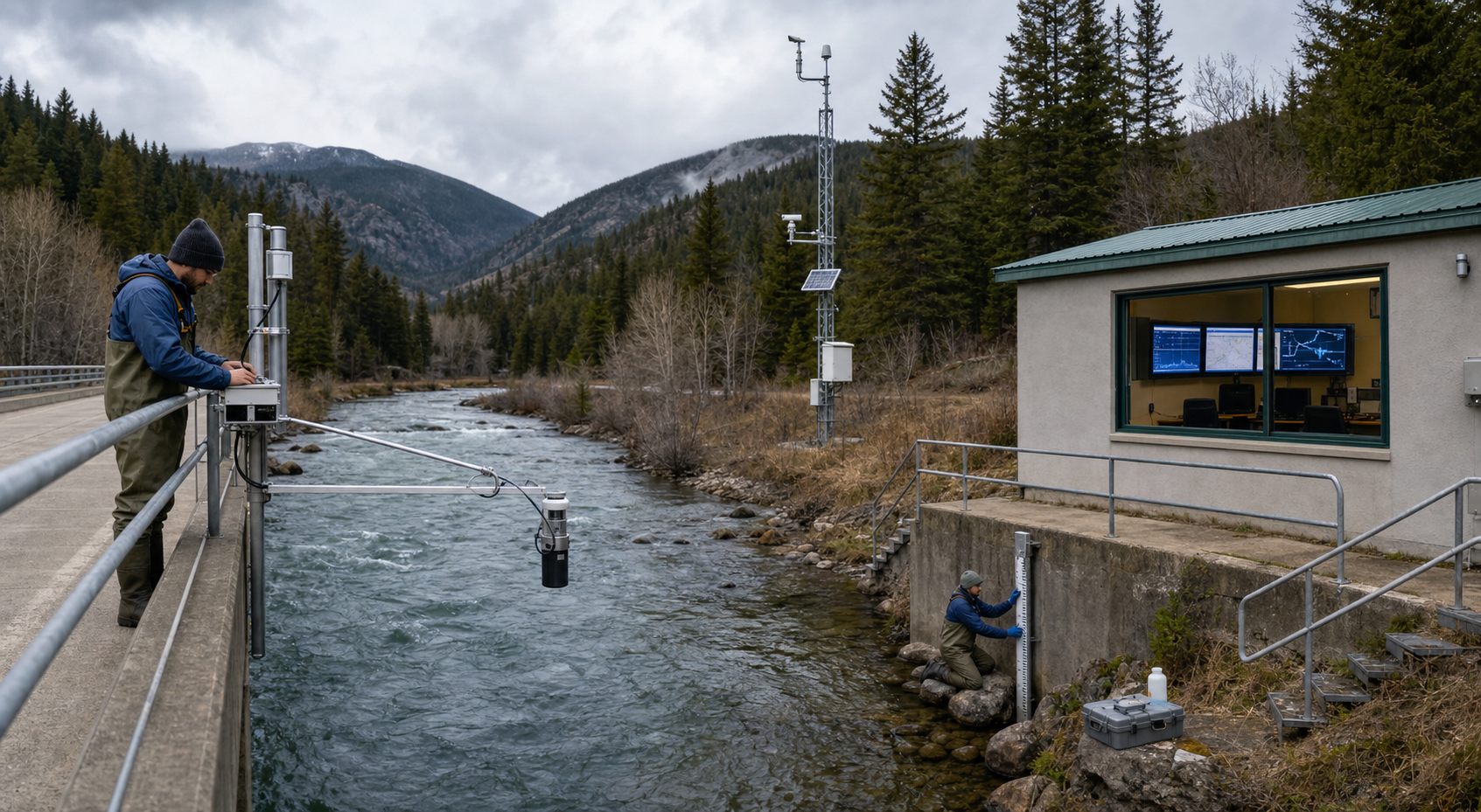 Hydrologists measure river flow using field sensors, gauges and telemetry equipment at a mountain monitoring station.