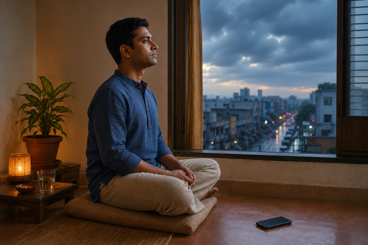 An adult practices seated breath meditation beside an open window at dawn while a busy, rain-darkened street comes to life outside.