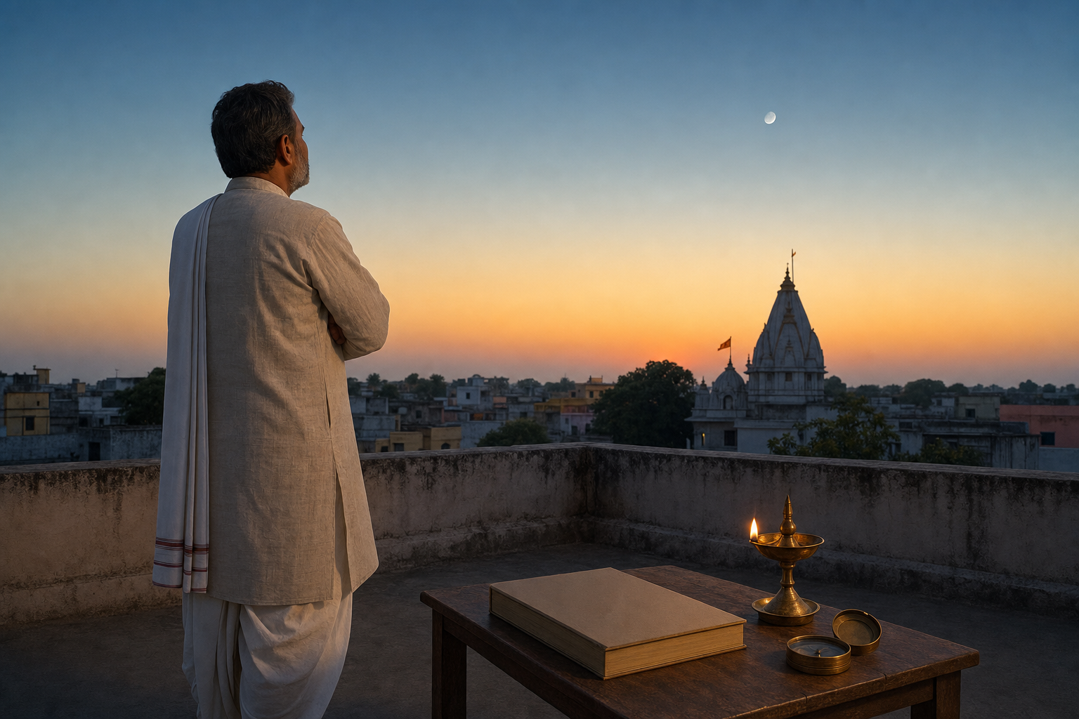 A householder observes the moon before sunrise beside an unmarked almanac and brass lamp, with a neighborhood temple on the horizon.