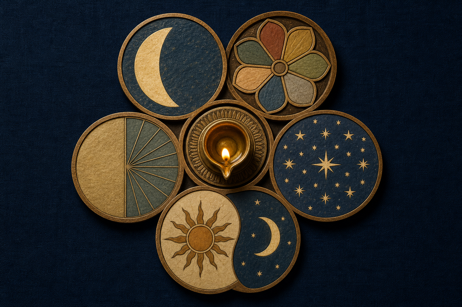 Five handcrafted circular objects symbolizing lunar date, weekday, stars, sun-moon relationship, and half-tithi surround a brass lamp.