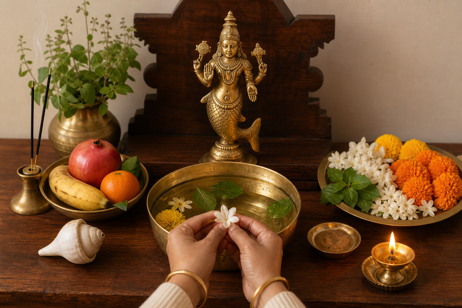 A devotee offers a flower at a simple home altar with a brass Matsya image, water bowl, tulsi leaves, fruit, incense, and an oil lamp.