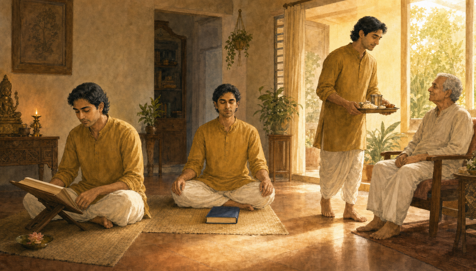 The same practitioner is shown reciting from a book, sitting in silent reflection, and carrying a meal to an older person in one connected morning scene.