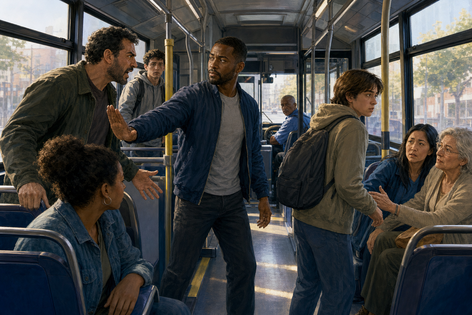 A passenger on a crowded bus calmly places themself between an aggressor and a frightened rider while nearby witnesses and the driver prepare to help.