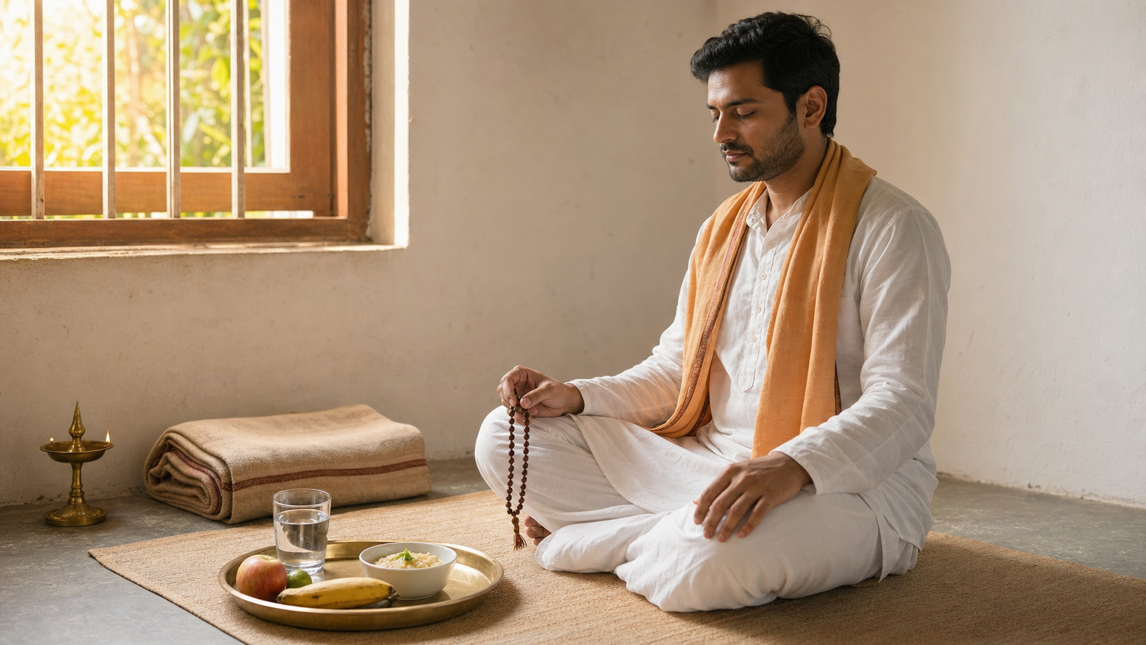 A devotee meditates with prayer beads beside a modest tray of water, fruit, and simple food in a quiet room.