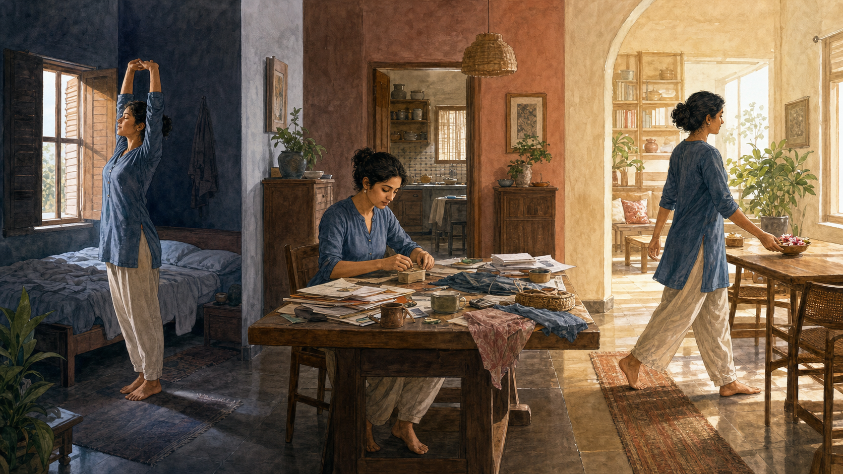 One practitioner opens shutters and stretches in a dim room, focuses on a single task at a busy table, and leaves flowers on a communal table in clear sunlight.