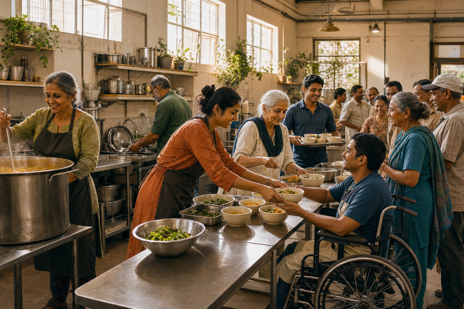 Volunteers of different ages prepare, serve, and clean up a communal meal together in an accessible neighborhood kitchen.