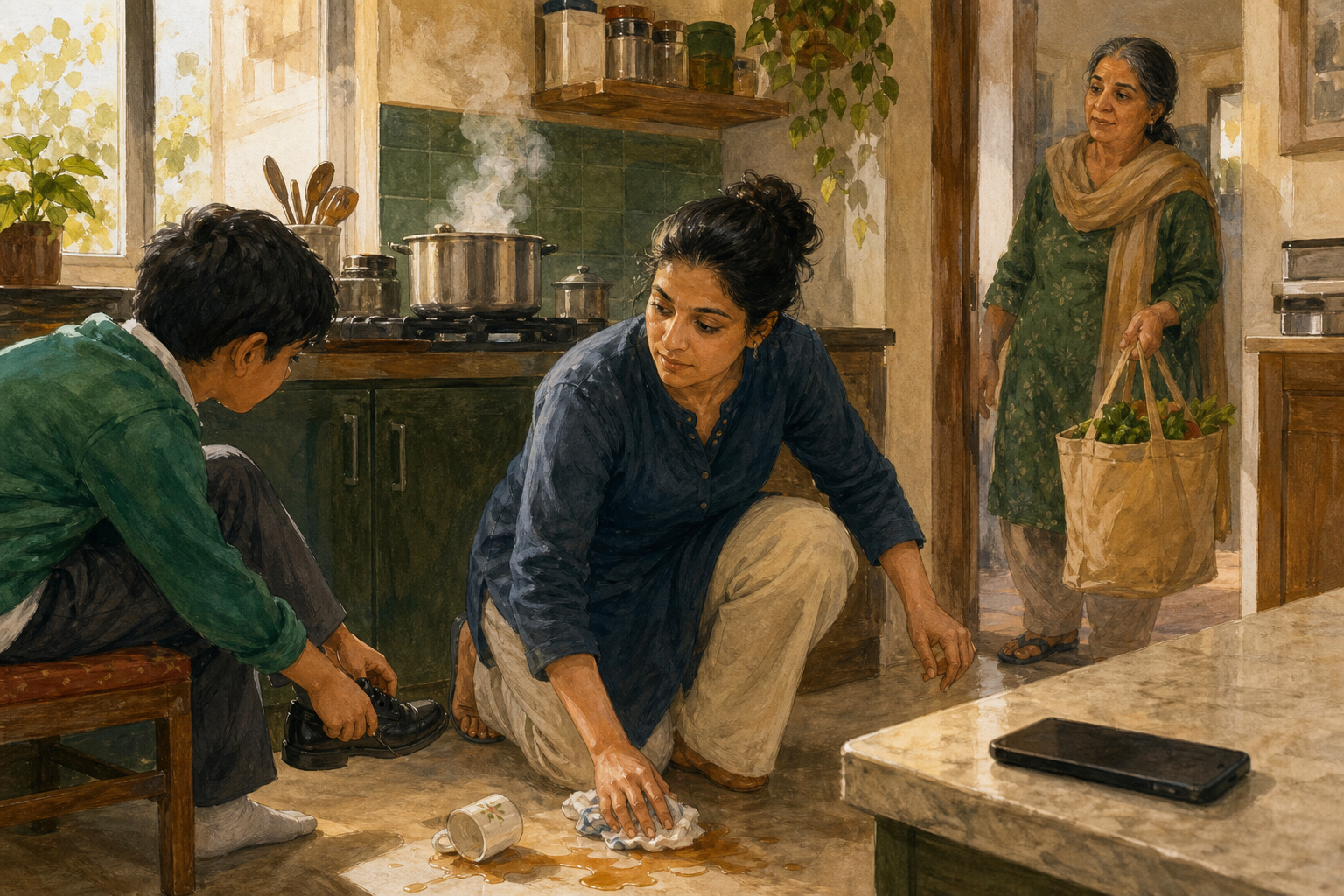 An adult calmly wipes spilled tea in a busy kitchen while a child asks for help, a pot steams, and an older person waits in the doorway.