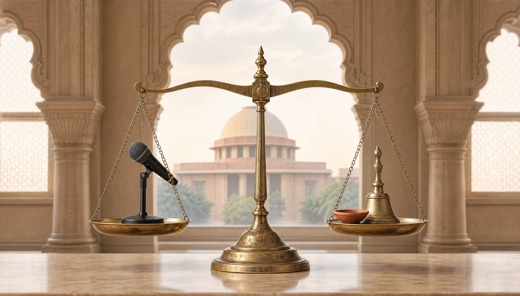 A brass balance scale stands between a public microphone, a clay diya, and a temple bell inside a sunlit courthouse.