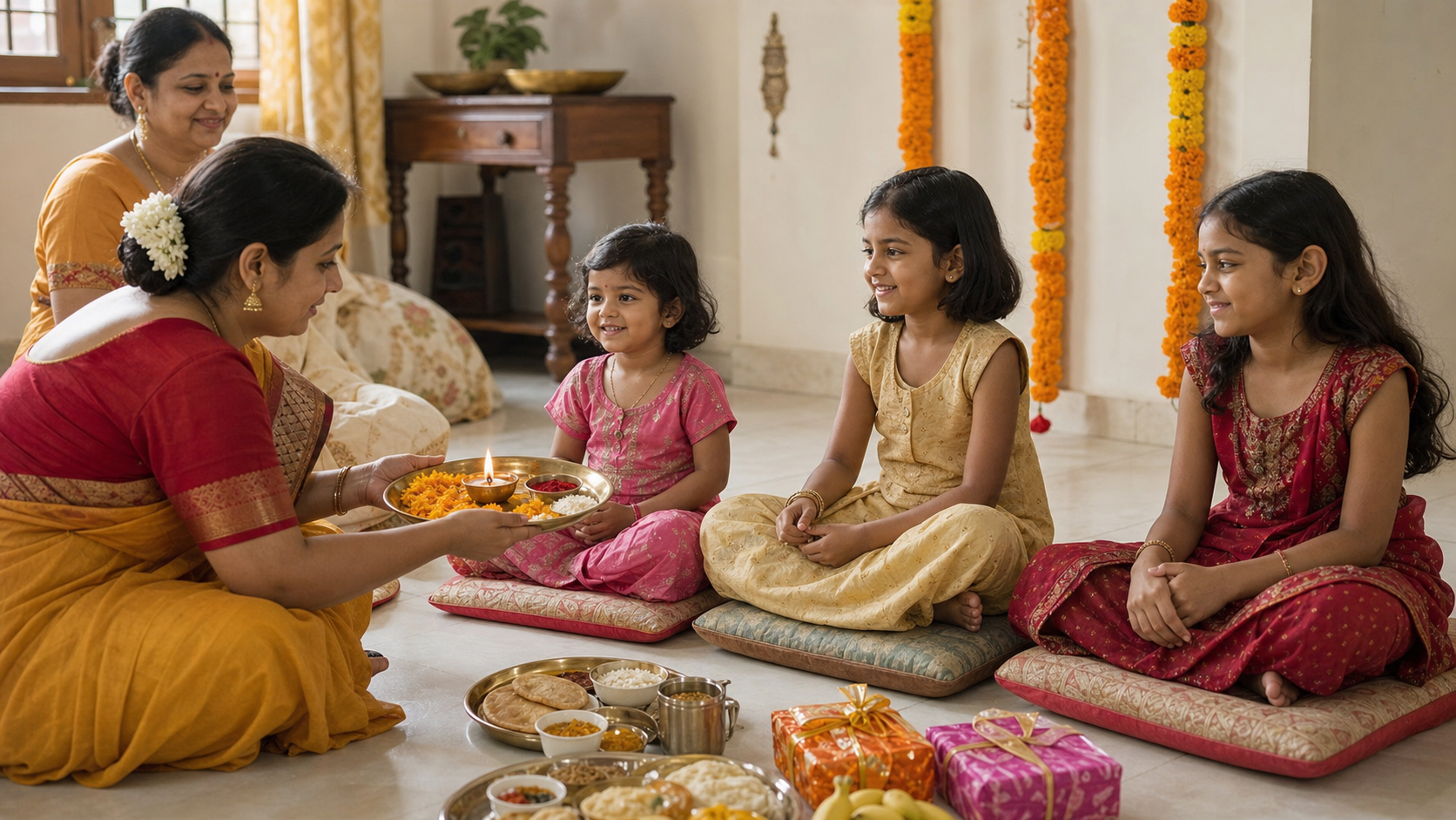 Three girls seated on cushions are respectfully welcomed with a puja thali in a marigold-decorated Indian home.