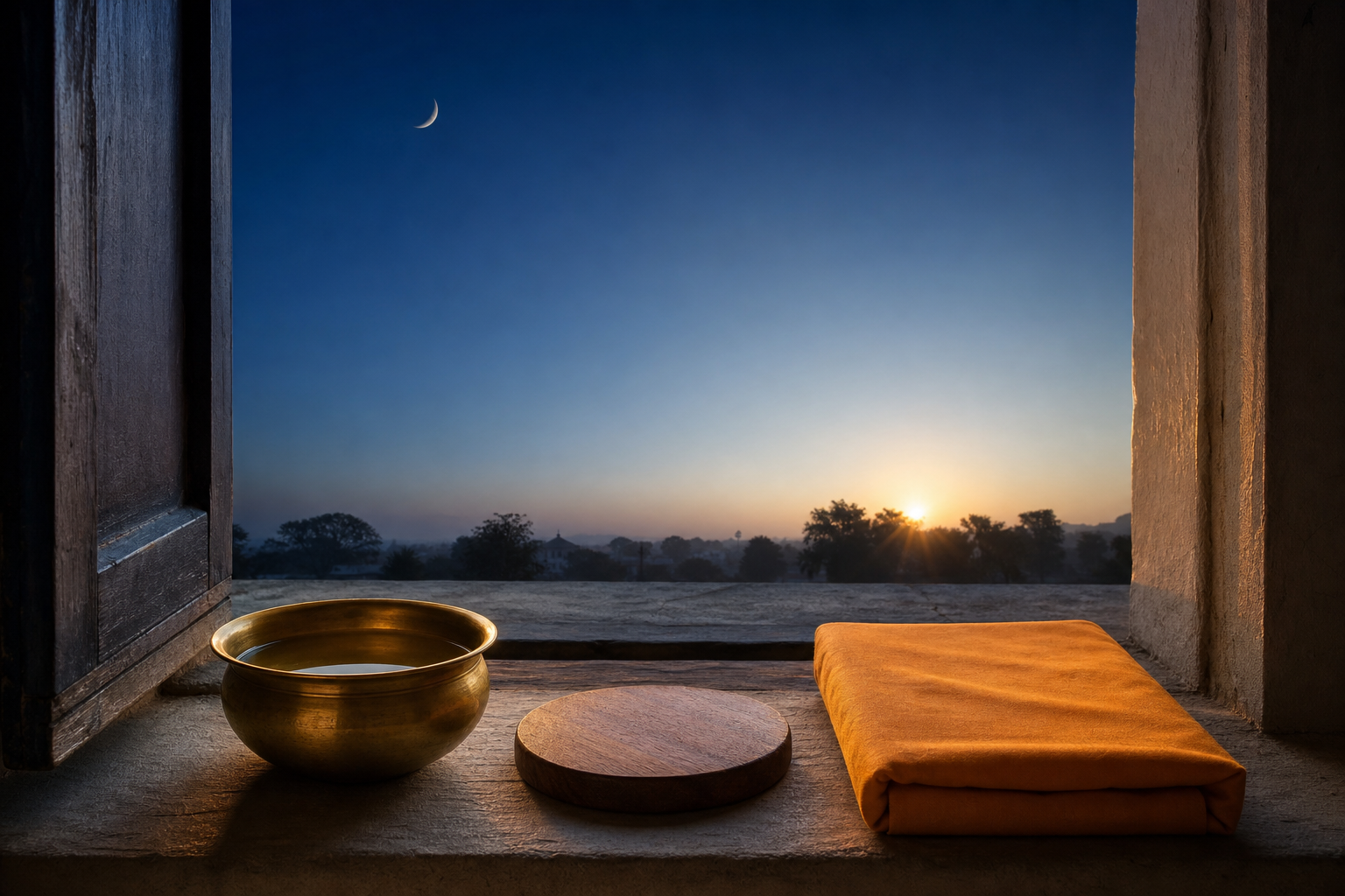 A predawn moon is visible through a window beside a wrapped almanac, brass water bowl, and unmarked timekeeping disc.