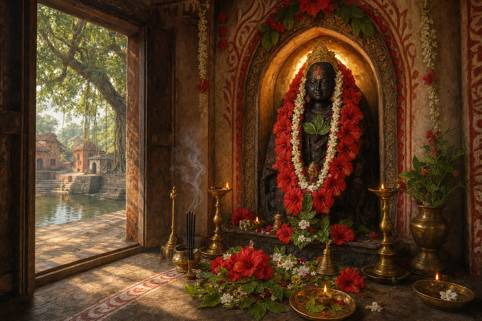 Jogadya Durga represented by a dark stone sacred image in a lamp-lit Bengali temple, with flowers, ritual offerings, and a village water tank visible outside.