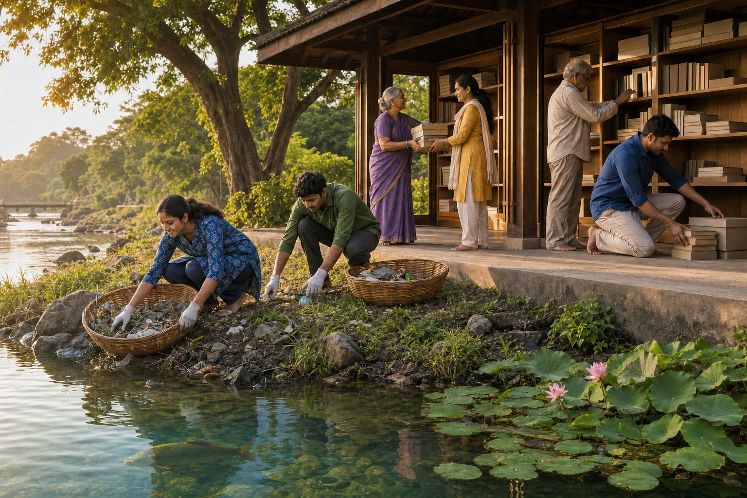 Volunteers clean a riverbank and organize unmarked books in a nearby community pavilion while a fish swims in the clear water.