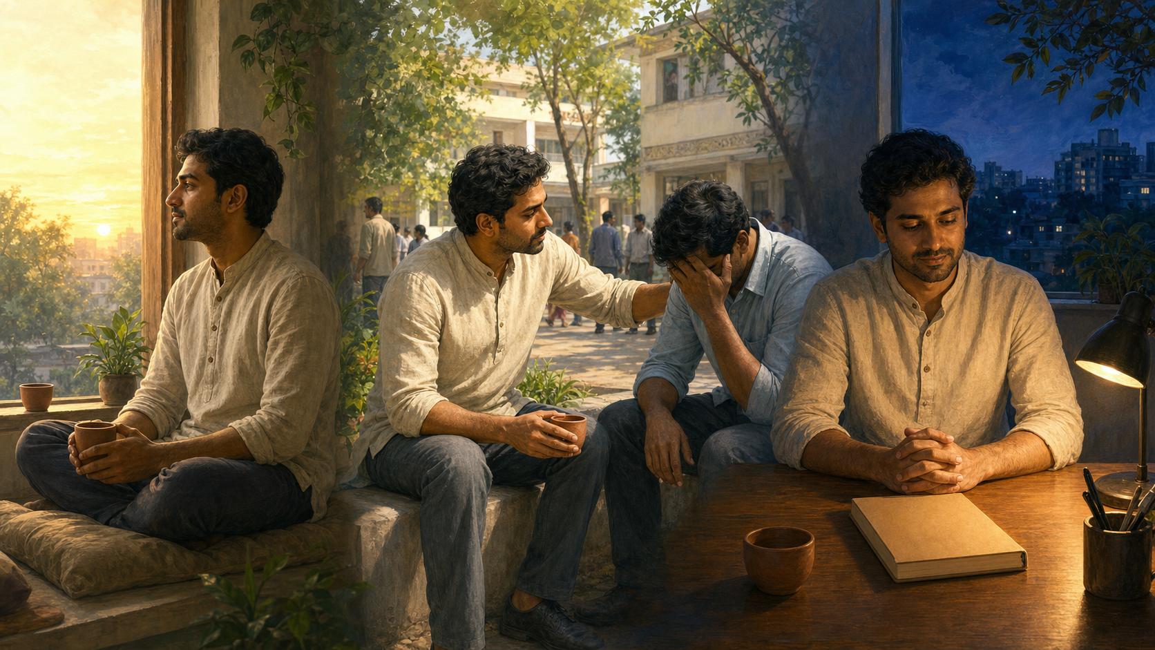 A continuous panorama shows the same person meditating in the morning, supporting a distressed coworker during the day, and reflecting quietly in the evening.