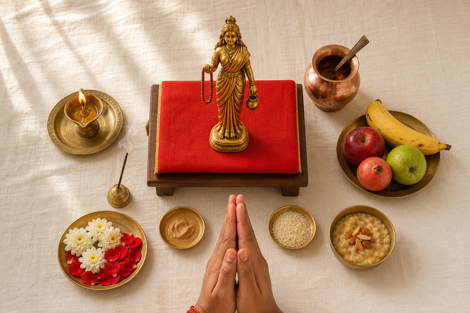 An overhead view shows a simple Brahmacharini home altar with a lamp, water vessel, flowers, fruit, incense, rice, and prasad.