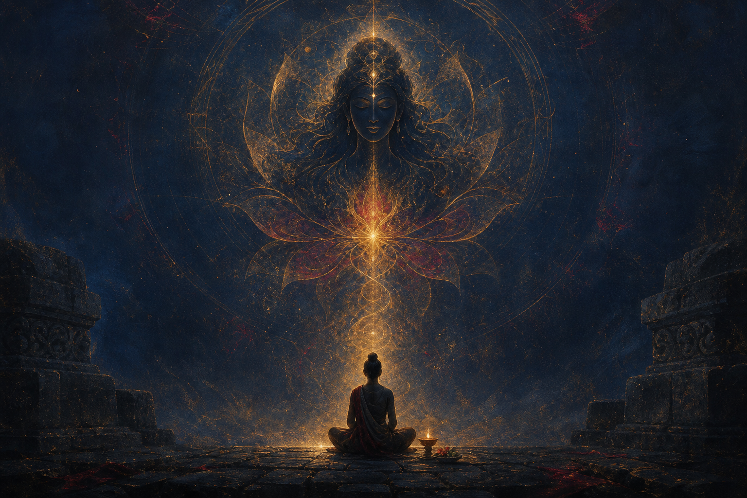 A seated devotee meditates before an abstract radiant feminine presence symbolizing primordial Shakti and inward spiritual discipline.