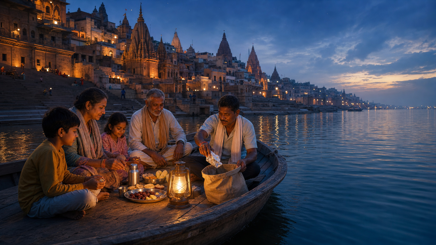 A group shares an evening meal on a boat near the Varanasi ghats while loose packaging is placed into a waste sack instead of the river.