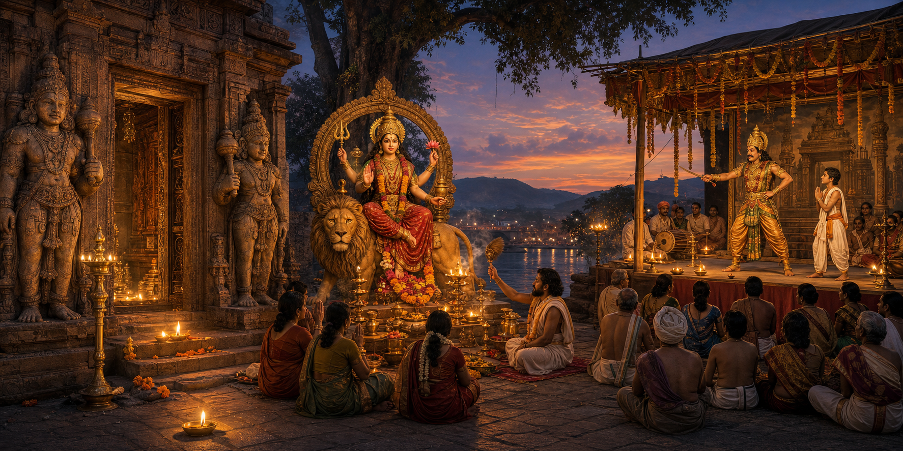 A temple doorway with two stone guardians, a lamp-lit goddess worship ceremony, and an open-air sacred theatre performance appear in one panoramic scene.