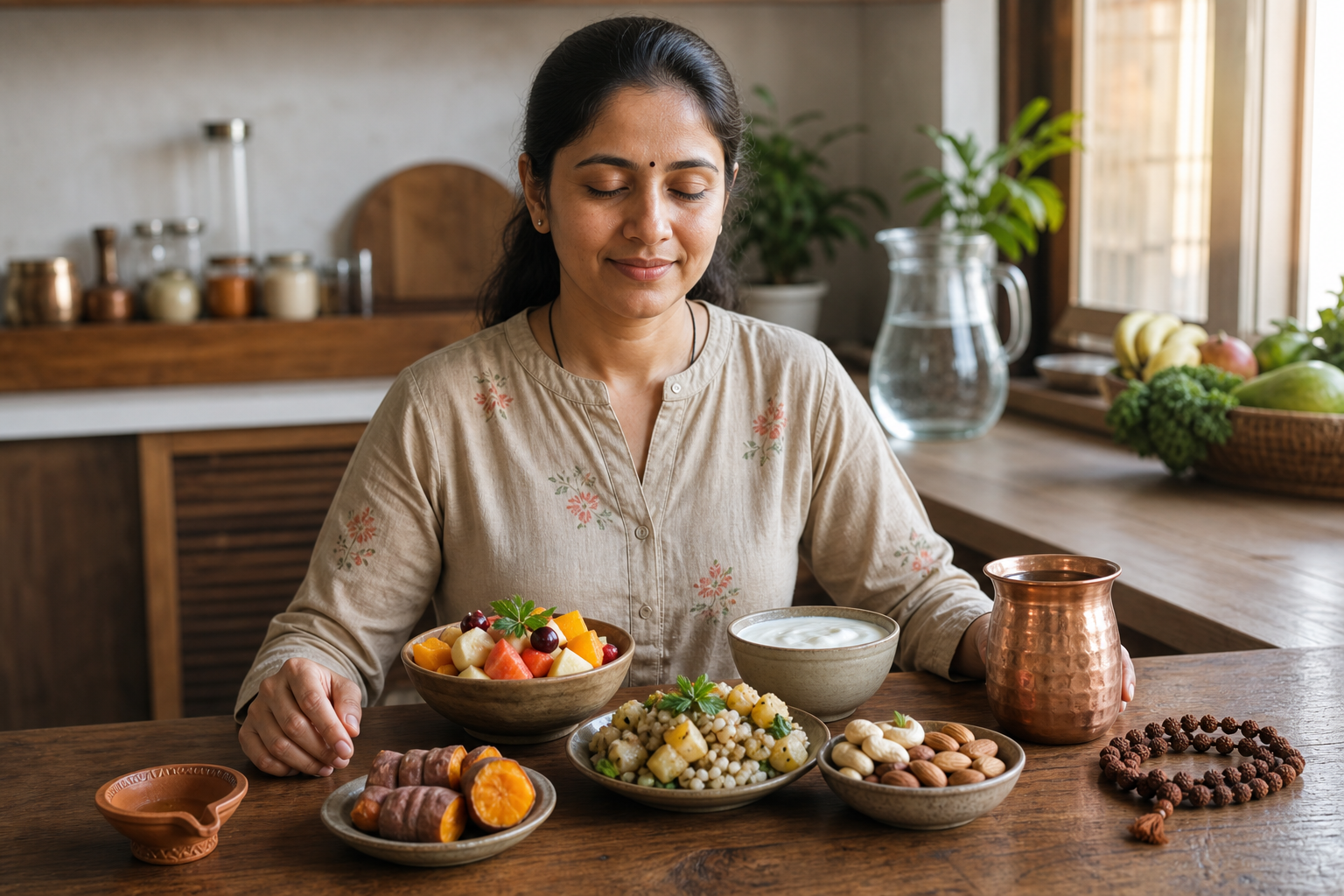 A devotee sits at a kitchen table with water and a balanced sattvic fasting meal of fruit, yogurt, sweet potato, and nuts.