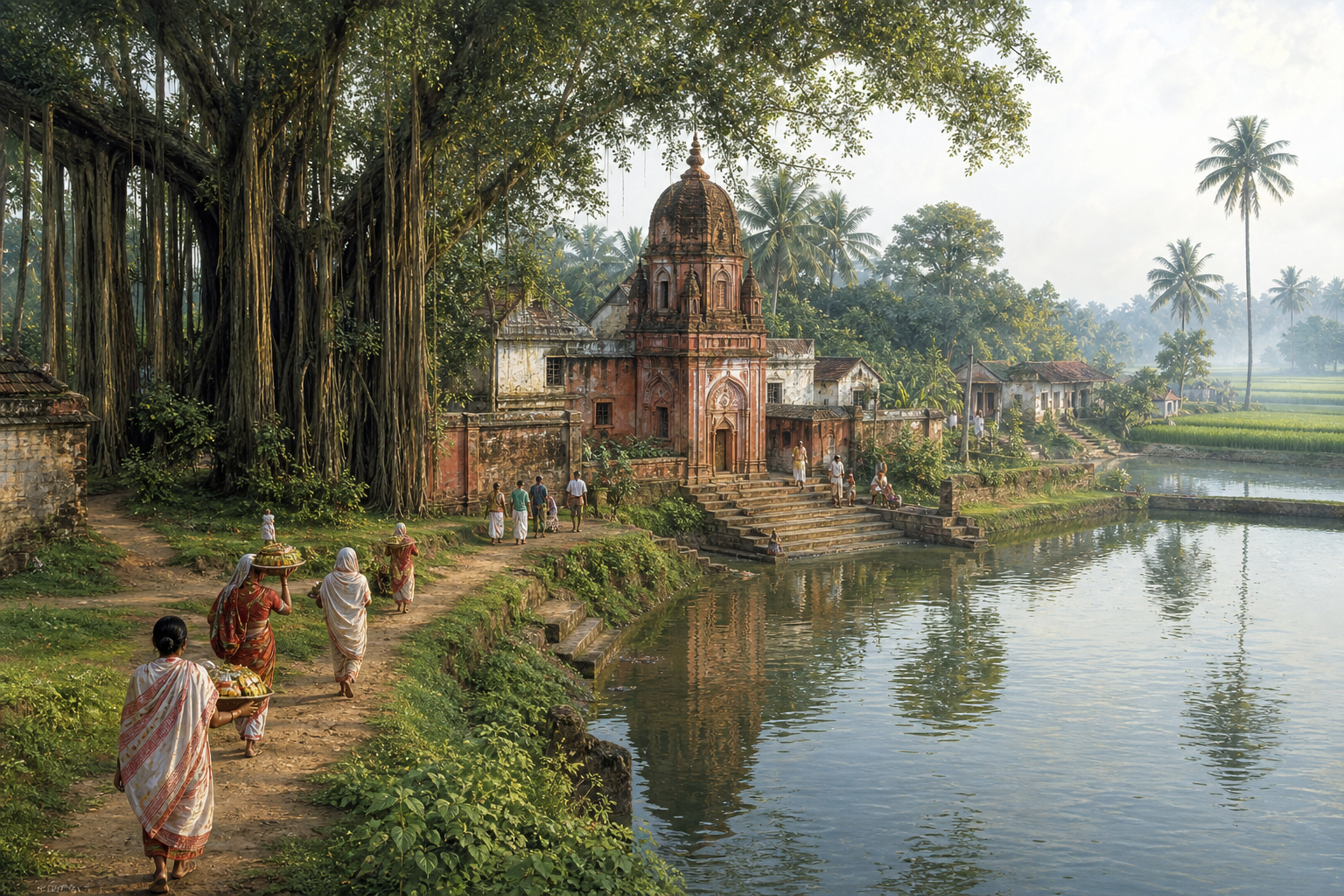 A rural Bengali temple stands beside a large ritual pond, with stone steps, banyan trees, fields, village homes, and worshippers carrying offerings.