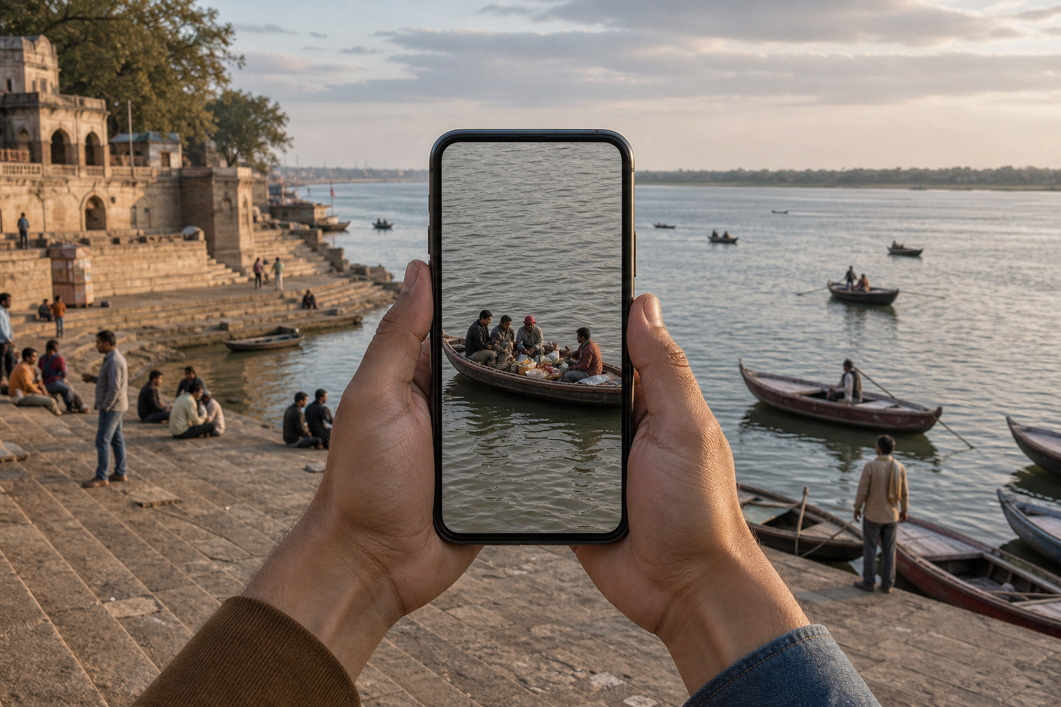 Hands hold a vertical phone showing a tightly cropped boat meal while the broader riverside setting remains visible beyond the screen.