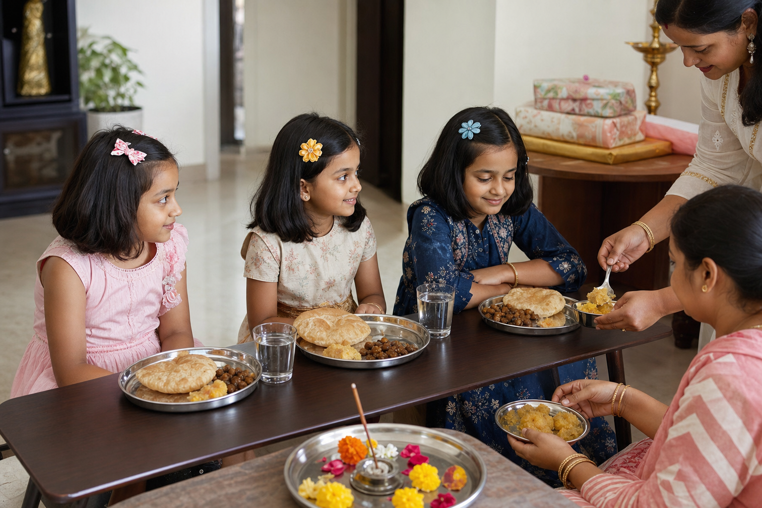 Adults serve puri, kala chana and halwa to three girls seated comfortably at a low table during Kanya Puja.