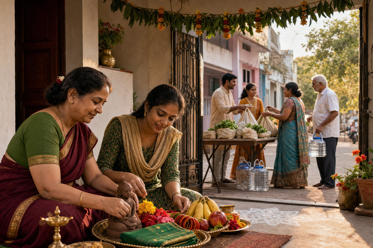 Two generations prepare a Gauri offering tray in a home courtyard while relatives share produce and water vessels with neighbors outside.