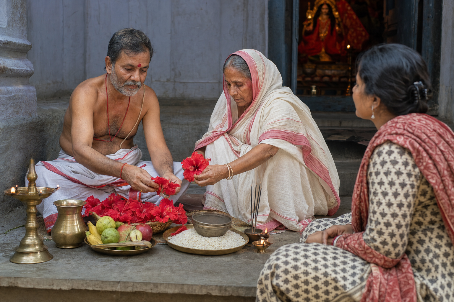 A temple priest and an older village woman arrange flowers, fruit, rice, water, incense, and lamps while a visitor observes respectfully.
