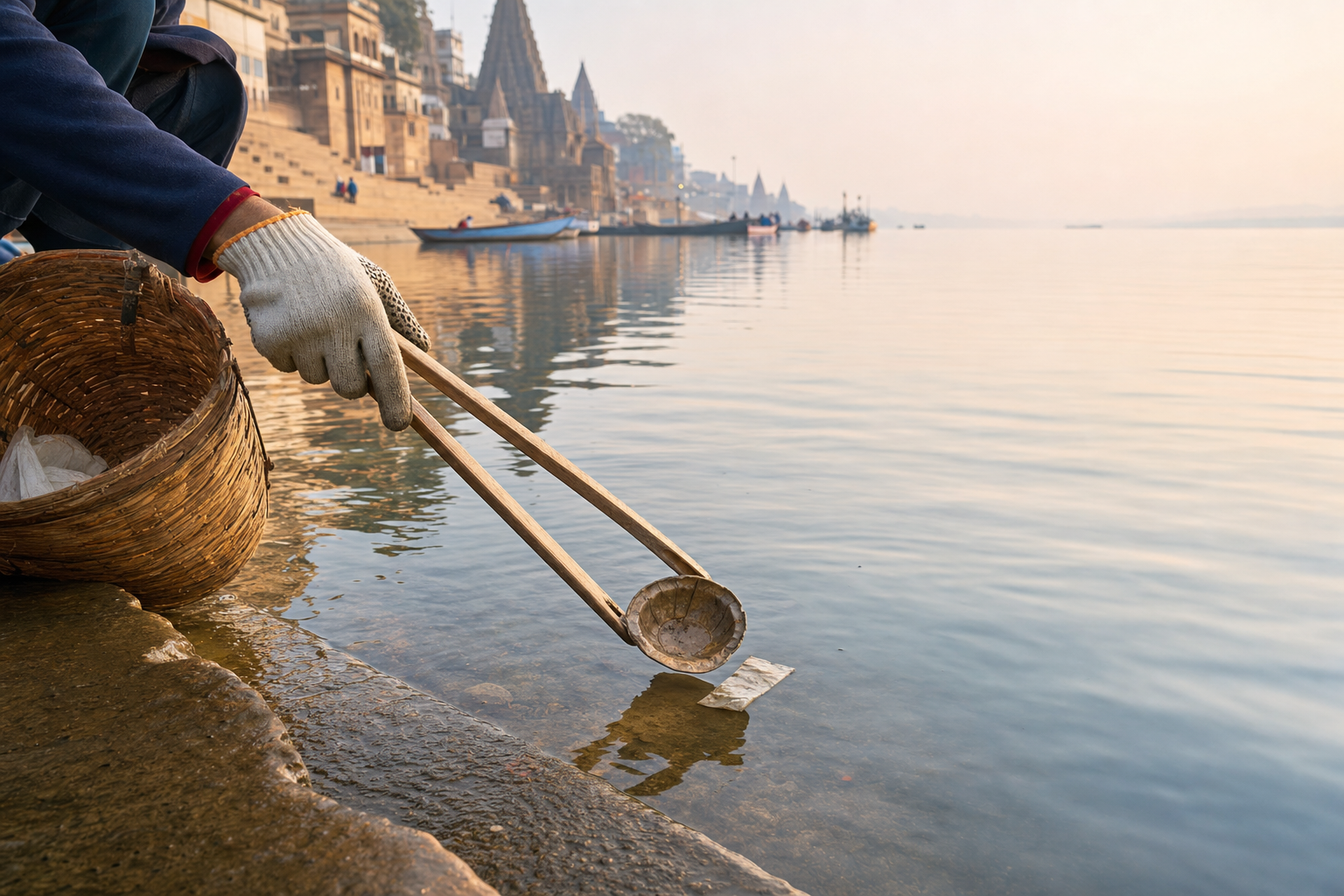 A volunteer uses tongs to remove a discarded leaf plate and a piece of packaging from the water beside sandstone ghat steps.