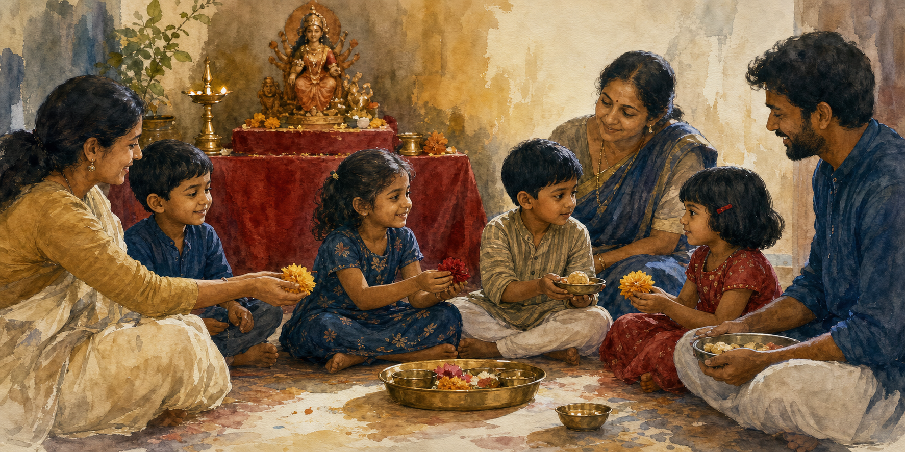 Children and adults sit together exchanging flowers and food near a simple Durga altar in a prayer room.
