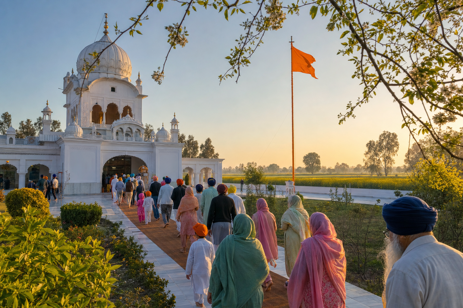 Sikh families and elders walk toward a gurdwara at dawn as spring foliage and distant fields glow in warm light.