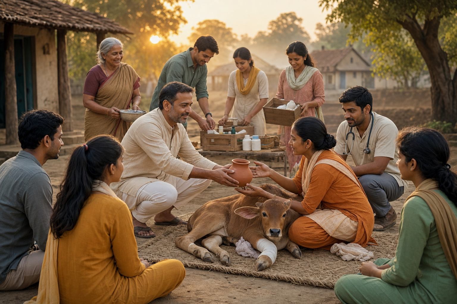 A leader and volunteers form a circle in a rural courtyard while caregivers tend an injured calf at dawn.