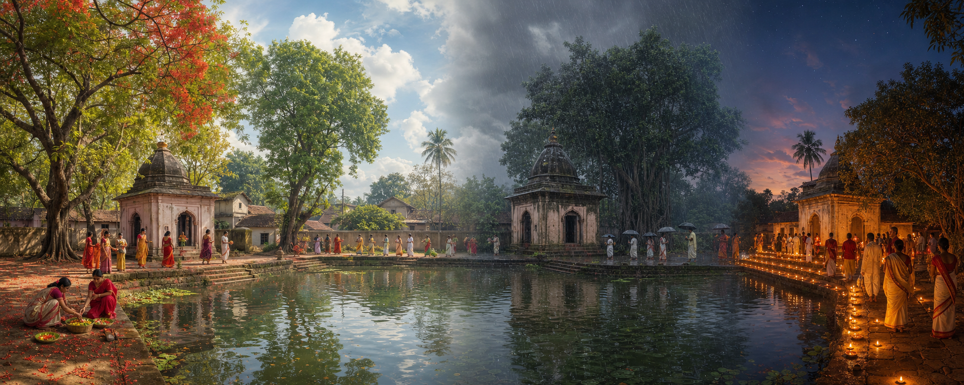 The same Bengali shrine and pond appear through spring, summer, monsoon, and autumn festival scenes with changing flowers, weather, lamps, and gatherings.