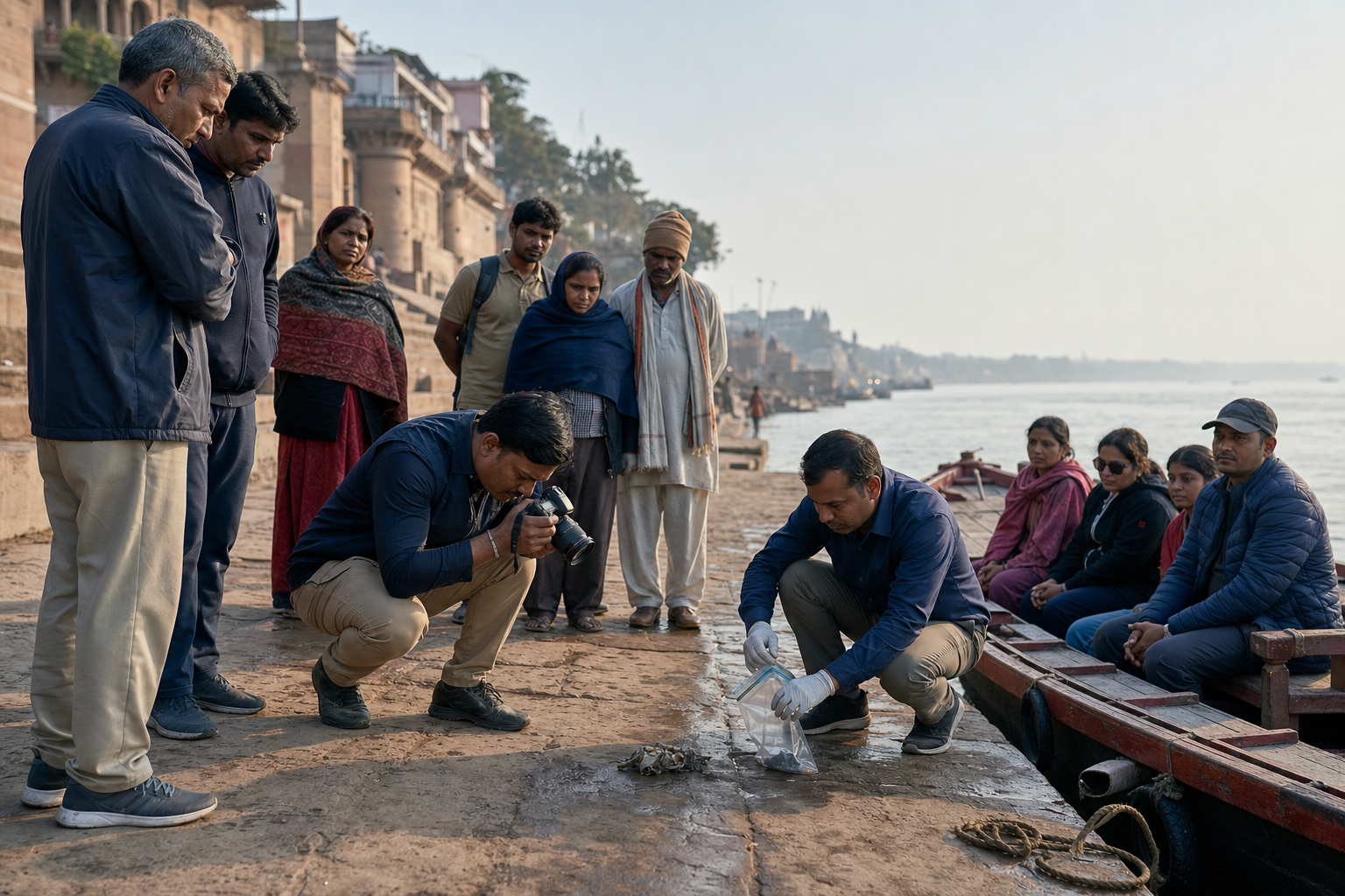 Municipal workers document and secure a recovered piece of debris beside a moored boat as nearby people observe calmly.