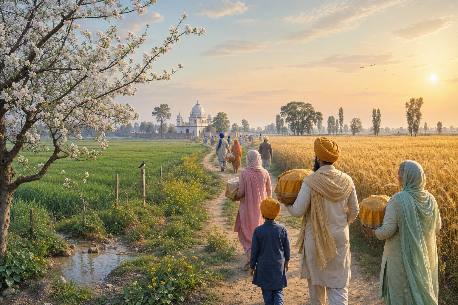 A continuous Punjabi landscape changes from fresh shoots and blossoms in early spring to golden wheat and a gurdwara gathering later in the season.