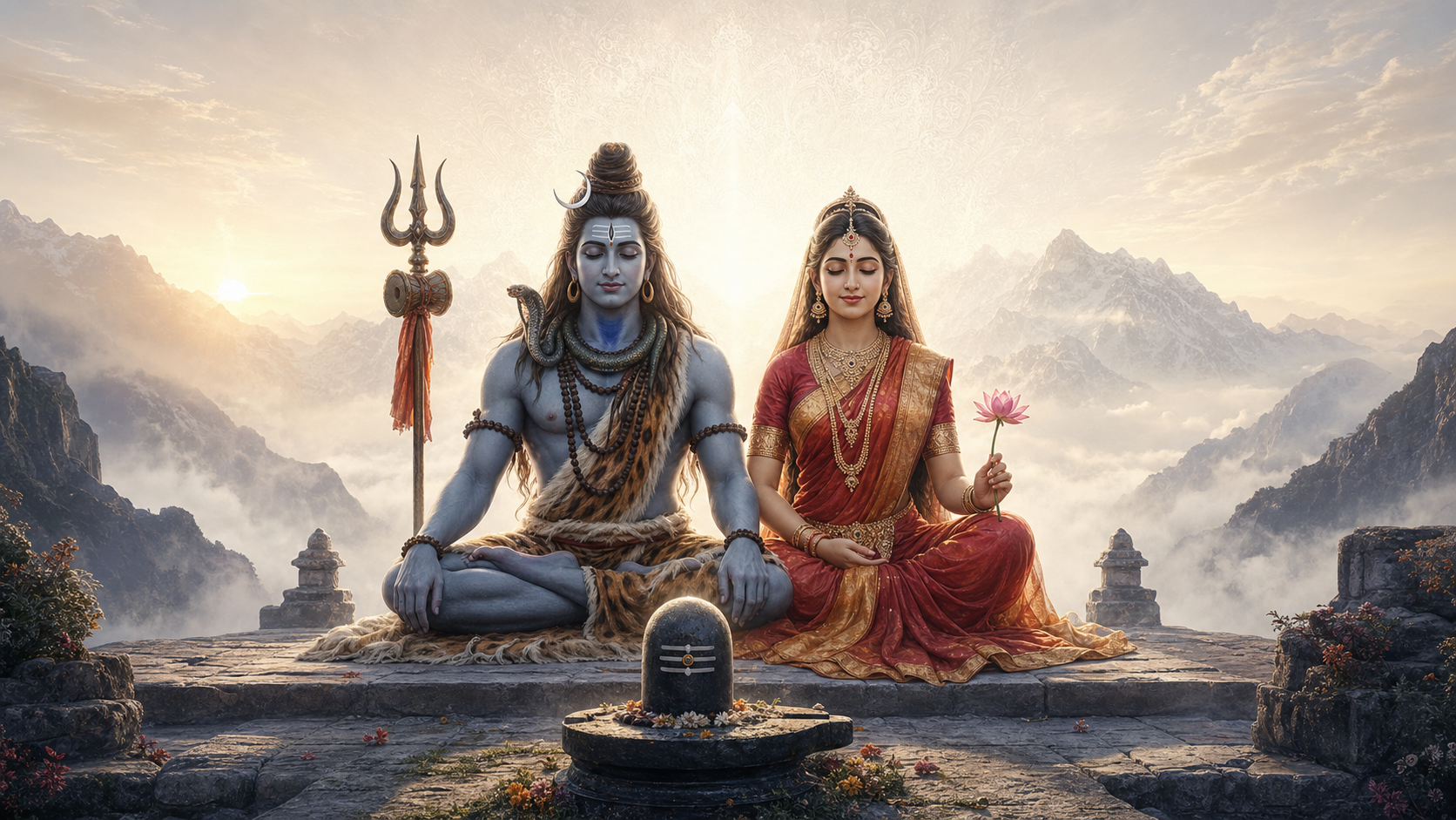 Shiva and Parvati sit together above a stone Shivalinga in the Himalayas as their surroundings fade into radiant light.