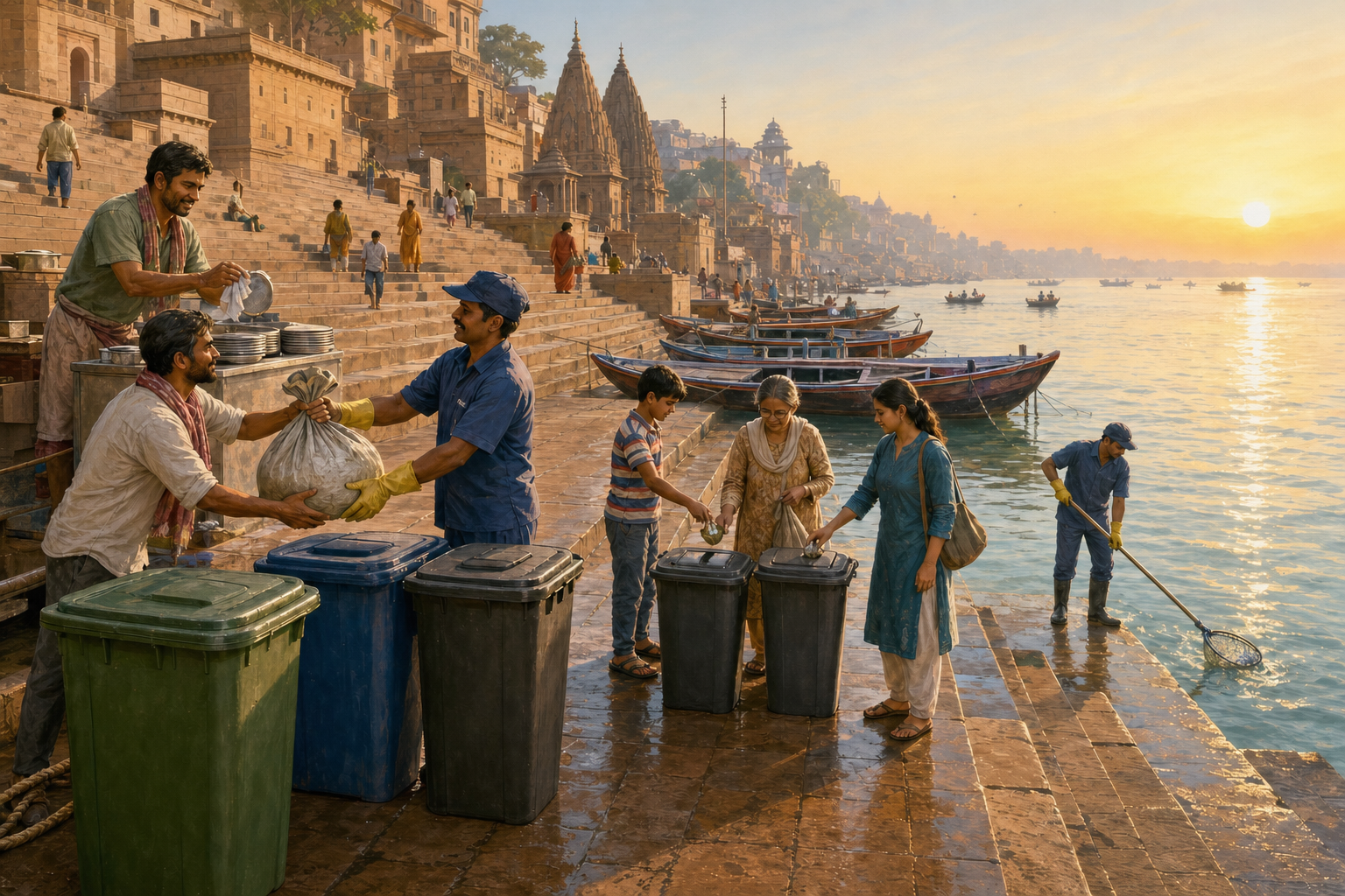 Boat operators, vendors, visitors and sanitation workers use a shared waste collection area on a clean Varanasi ghat.