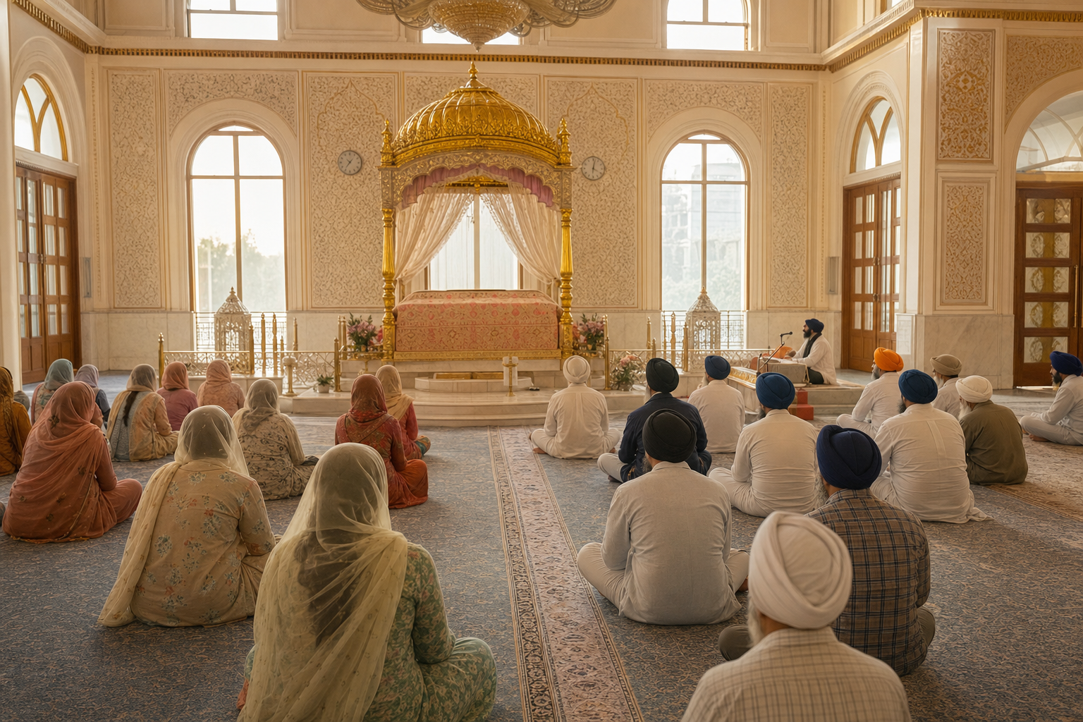 A head-covered Sikh congregation sits together in a softly lit gurdwara prayer hall during an early-morning service.