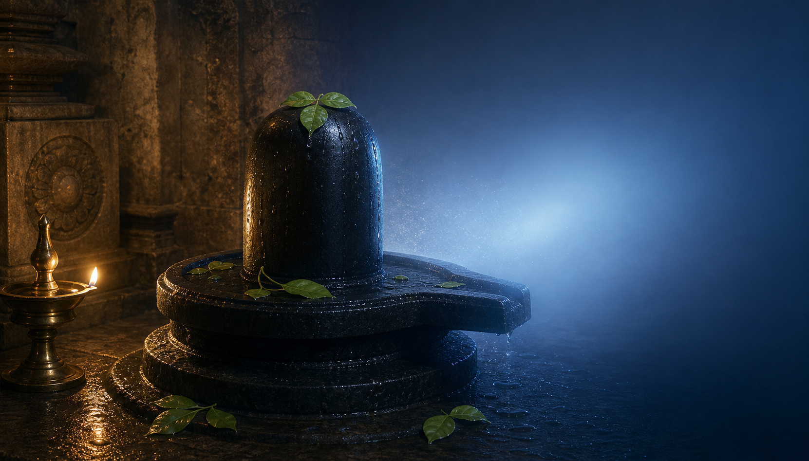 A lamp-lit stone Shivalinga with bilva leaves gradually merges into an edgeless field of blue-white light.