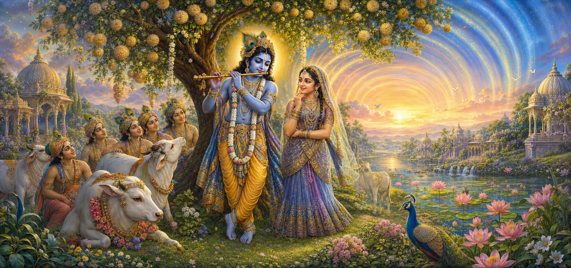 Krishna plays a flute beneath a flowering tree beside Radha, surrounded by cows, companions, lotus ponds and luminous pastoral scenery.