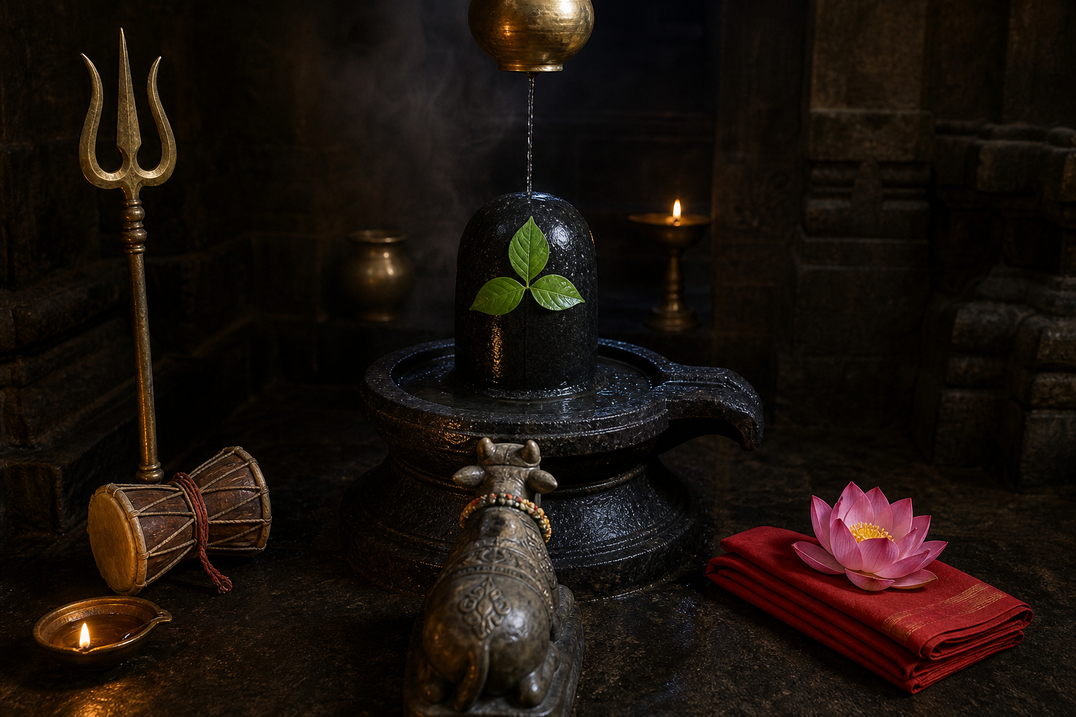 A Shiva shrine contains a water-bathed Shivalinga, bilva leaves, Nandi, a trident, a damaru, lamps and a lotus beside red cloth.
