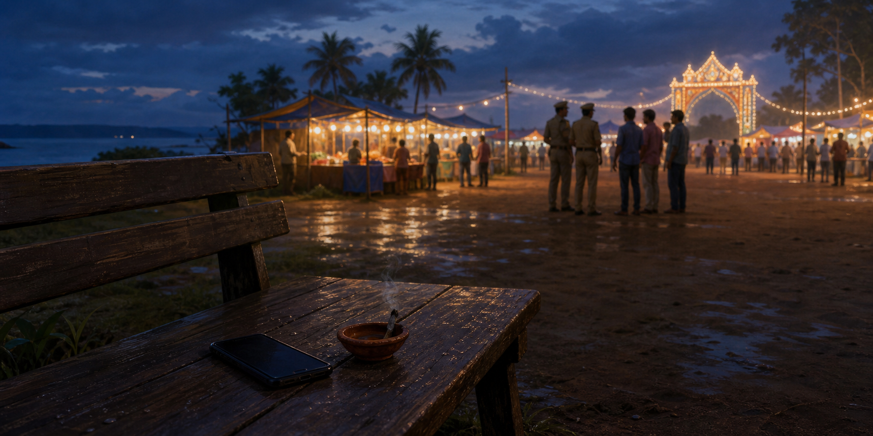 An evening fairground in coastal Karnataka with an empty bench and face-down phone in the foreground while police speak with anonymous witnesses in the distance.