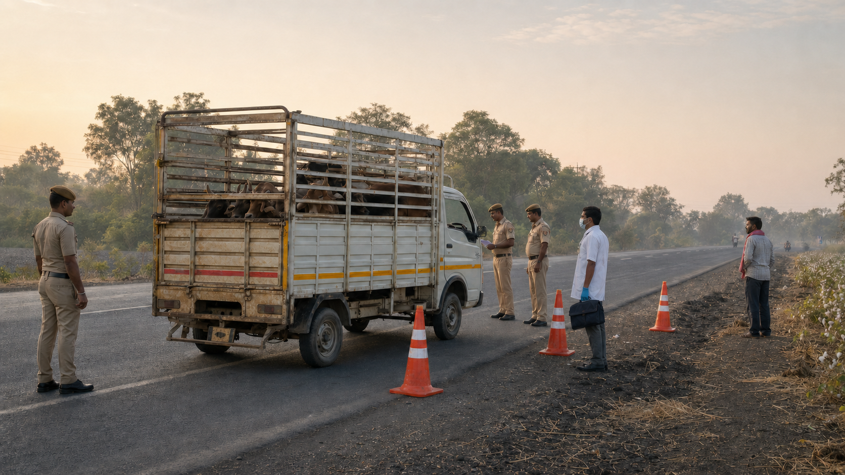 Authorities and a veterinary officer prepare to inspect a cattle transport vehicle on a road outside Akola while a civilian watches from a safe distance.