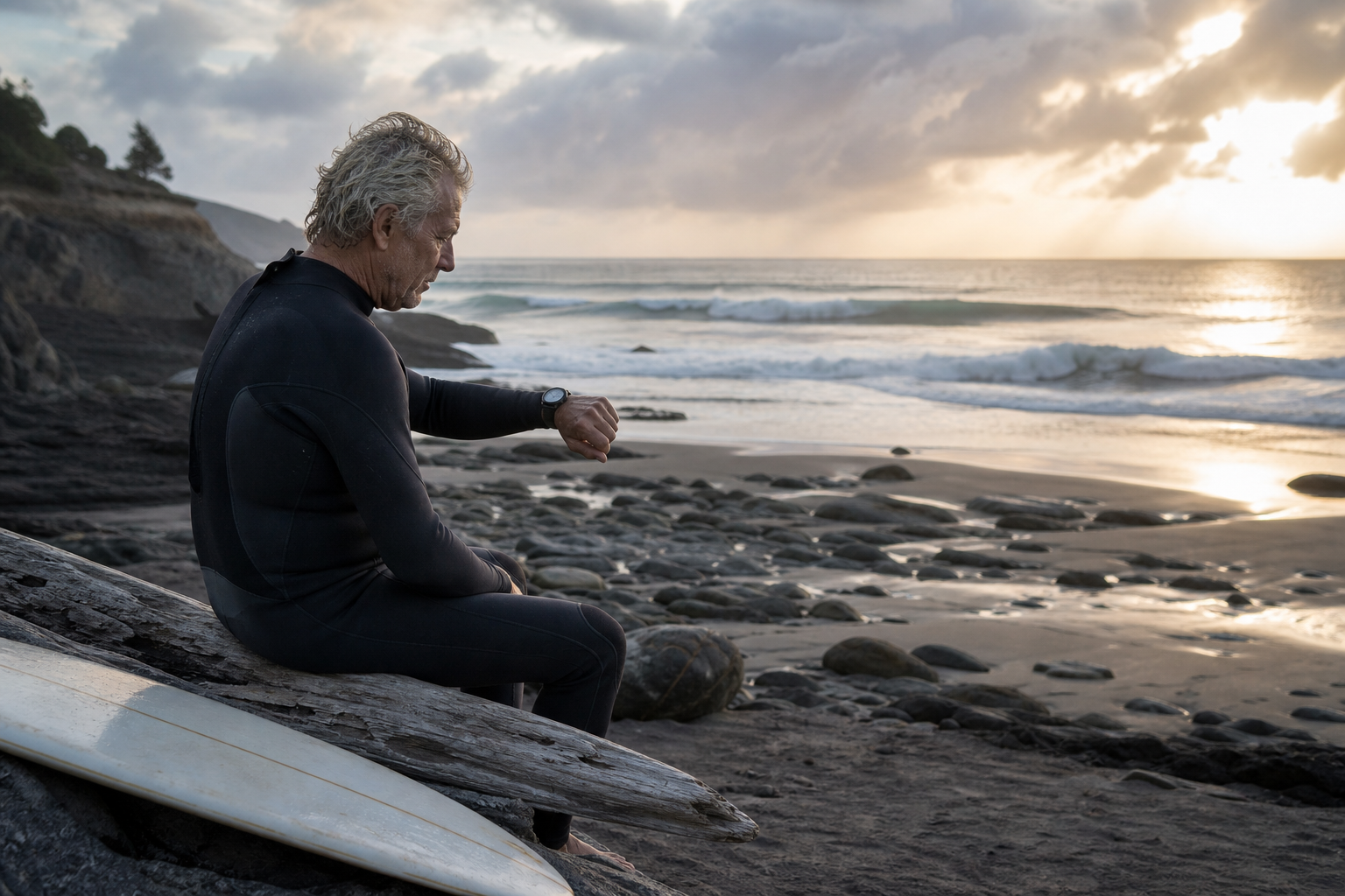 An older surfer sits above the shoreline and studies the waves with a surfboard beside them.