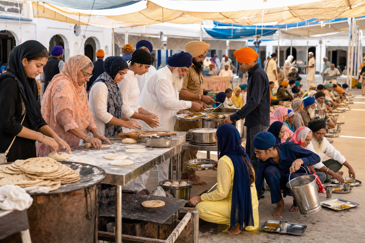 Sikh volunteers prepare and serve a communal langar meal to a diverse group of guests in a sunlit gurdwara courtyard.