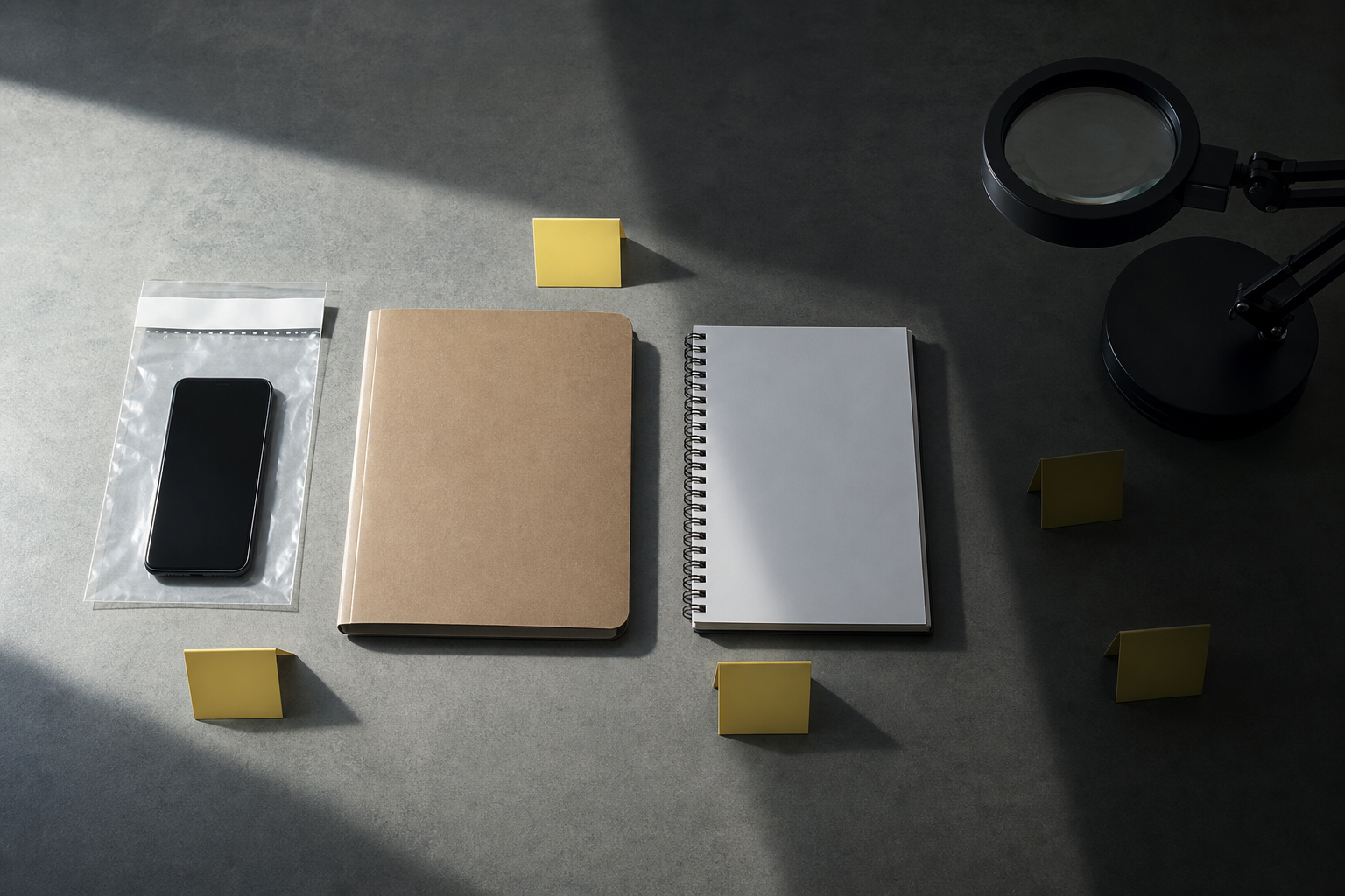 An investigation table with a sealed phone, plain case folder and blank notebook arranged across areas of light and shadow.