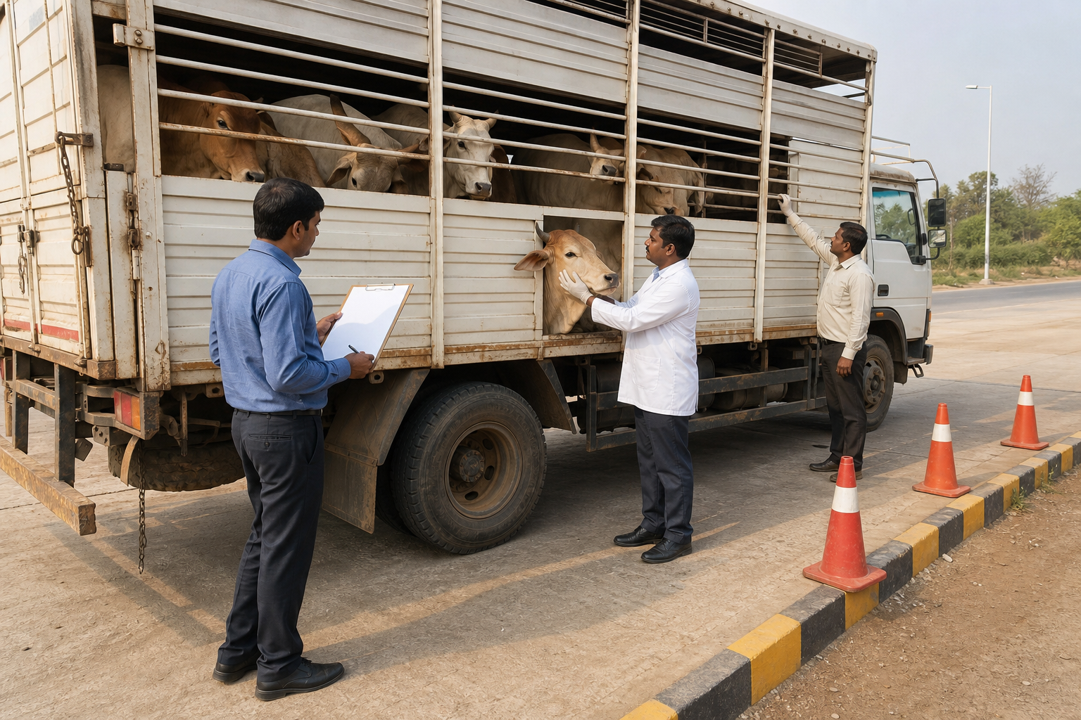 A veterinary officer and transport officials check cattle condition, vehicle ventilation, and documents during a roadside inspection.