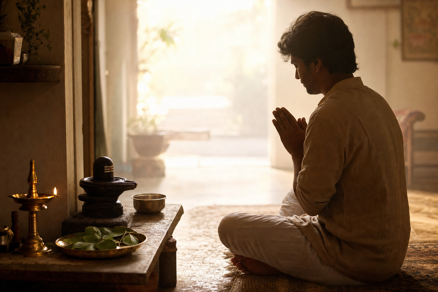 A seated devotee meditates before a small home altar with a Shivalinga, lamp, water bowl and bilva leaves as the room fades into soft light.