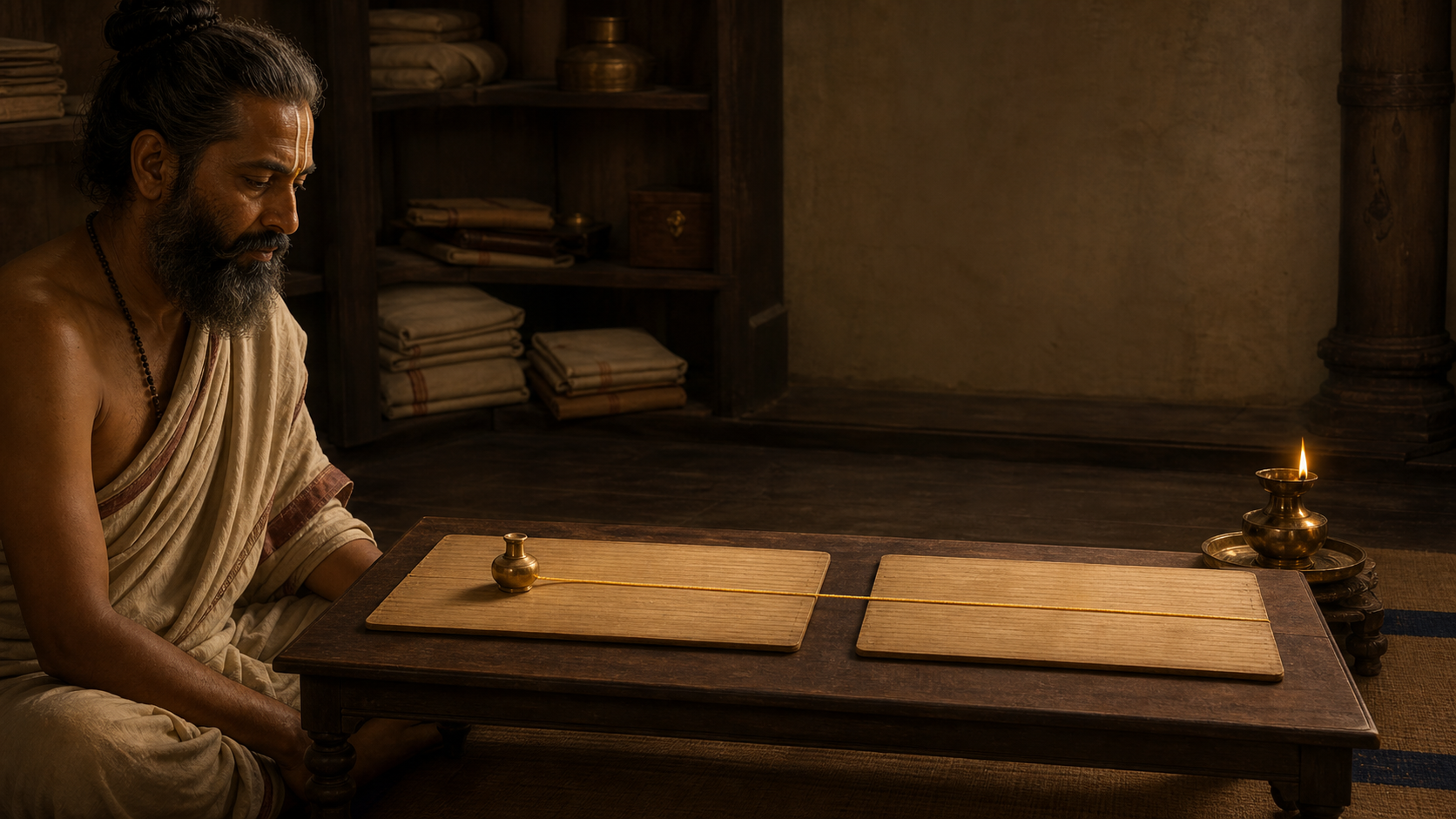 A scholar studies two uninscribed palm-leaf folios connected by one continuous golden thread beside a brass oil lamp.