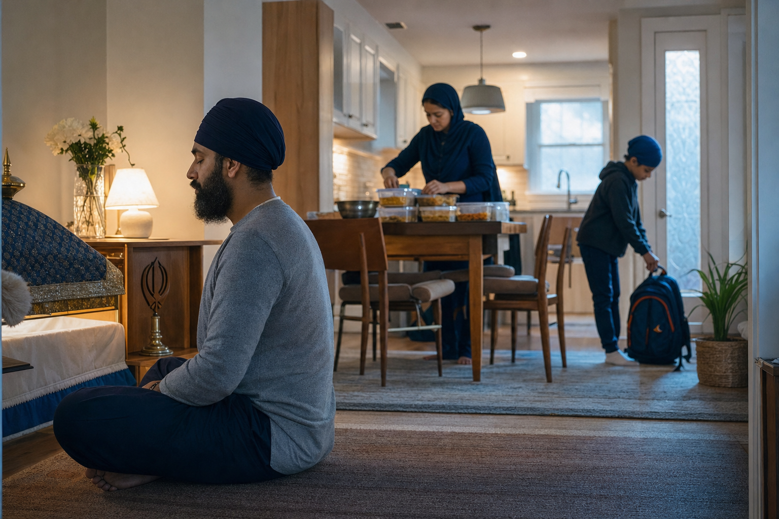 A Sikh family begins the day with quiet meditation, food preparation for service, and a child getting ready for school.